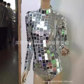 高端精致未来科技感银色高开叉GOGO女连体亮片舞蹈服装酒吧性感服