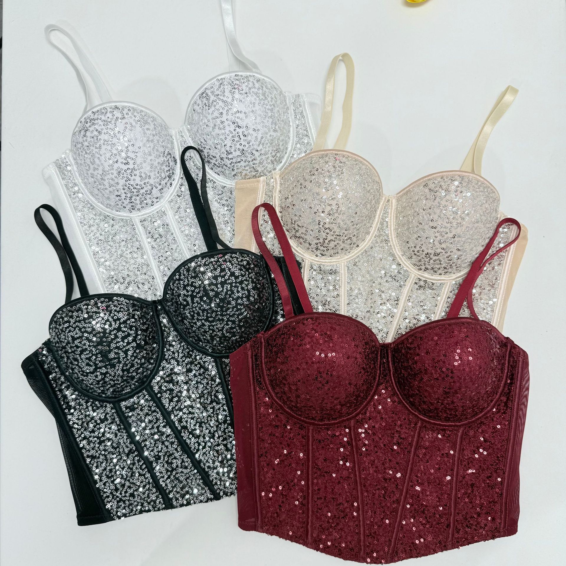 Pequeños tirantes europeos y estadounidenses transfronterizos, lentejuelas, sujetadores, ropa de actuación, blusa plástica sexy, Bar Bundy Fish bone corsé image 5