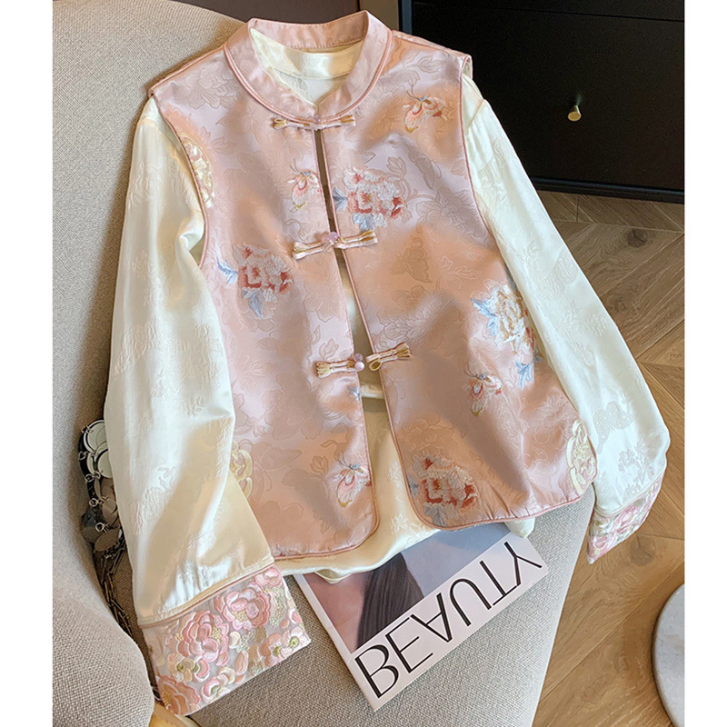High-Quality Age-Reducing Middle-Aged Women's New Chinese-Style Embroidered Jacquard Vest Autumn and Winter New Chinese-Style Shirt Two-Piece Set