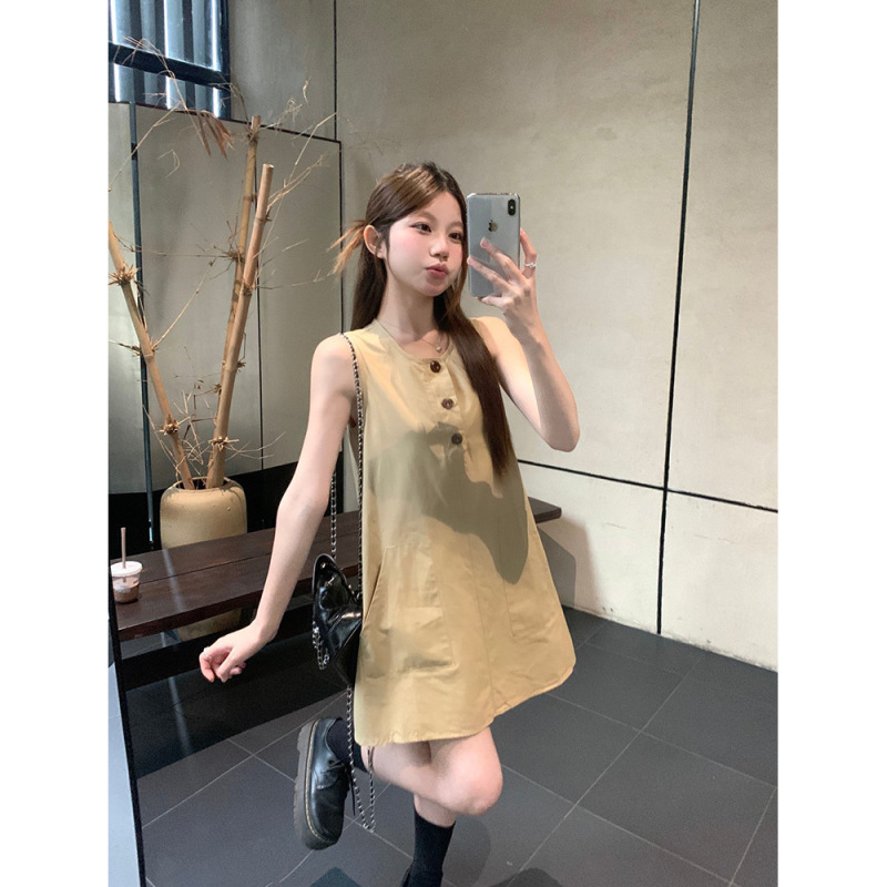 2025夏季新款复古工装无袖背心连衣裙小个子高级感宽松A字短裙女|undefined