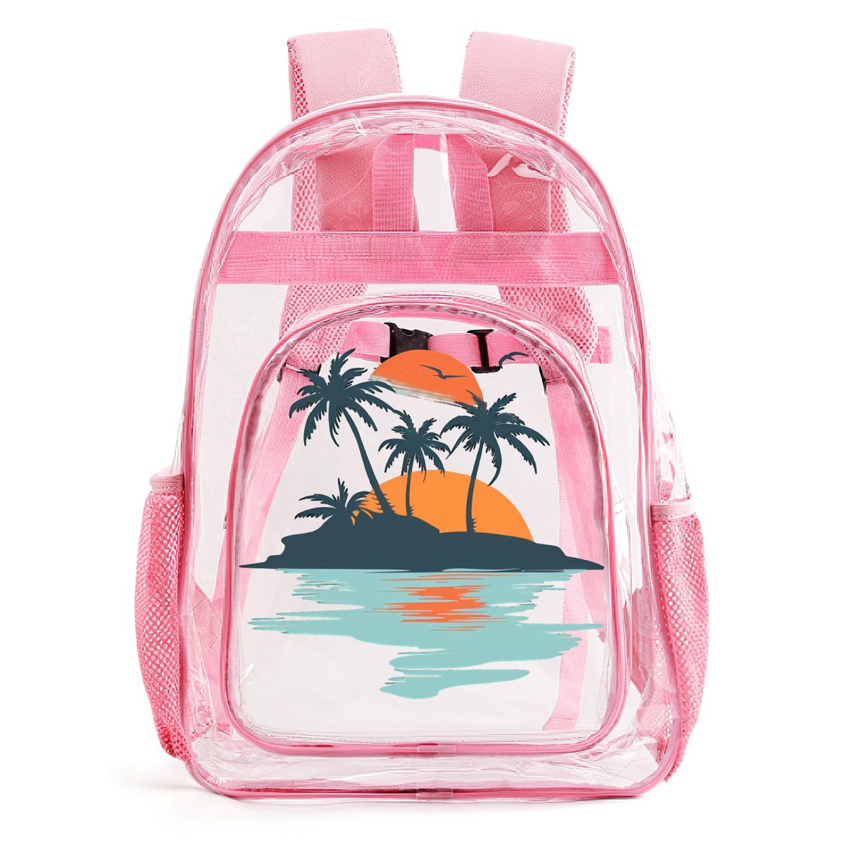 日落剪影的热带岛屿粉色透明女双肩包背包轻便PVC透明书包双肩包