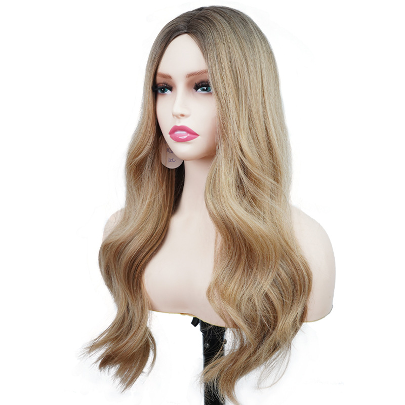 Wholesale European and American cross-border chemical fiber high temperature silk wigs wigs flaxen big wavy middle parted _voghion.com