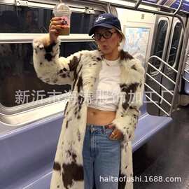 秋冬新款豹纹仿皮草外套长款时尚欧美风女装大衣