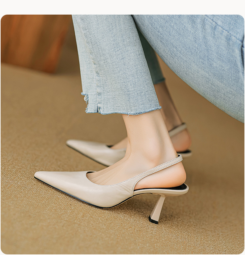 Sandal cao gót nữ mũi nhọn hở gót, da cừu, phong cách Hàn Quốc đơn giản — đen chi tiết 2