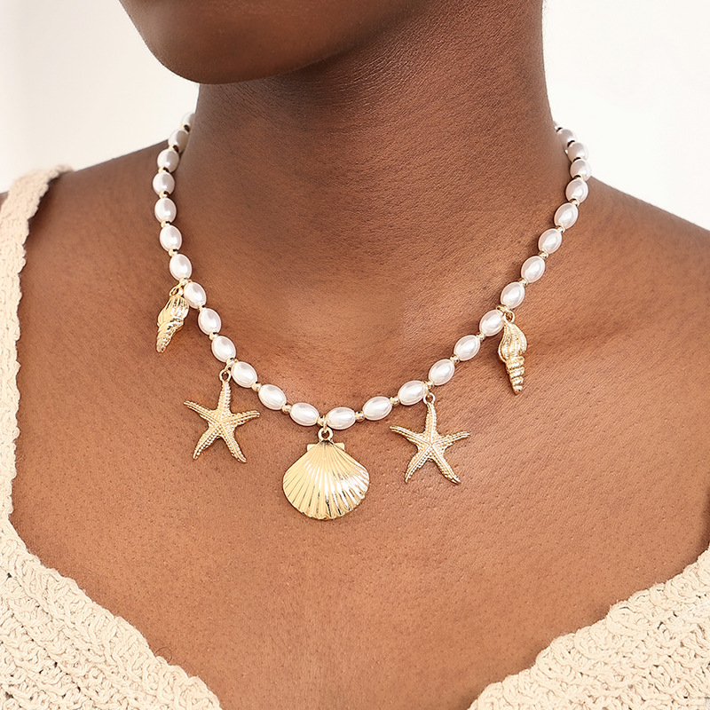 1 French Temperament Marine Elements Metal Imitation Pearl Beaded Shell Conch Sea Star Lady Necklace