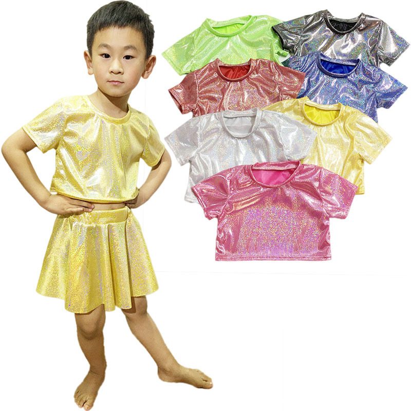 Ropa de rendimiento de los niños de lentejuelas de manga corta Camiseta de la cintura-Expuesto brillante punto ombligo-Expuesto adulto cuello redondo