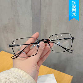 无框多边形切边平光镜女韩版时尚简约细边眼镜架个性复古金属镜框