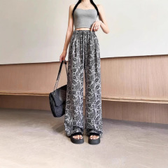 トフィーカシューフラワーデザインカジュアルワイドレッグパンツ夏レトロルーズスリミングプリントフロアレングスストレートパンツ女性用