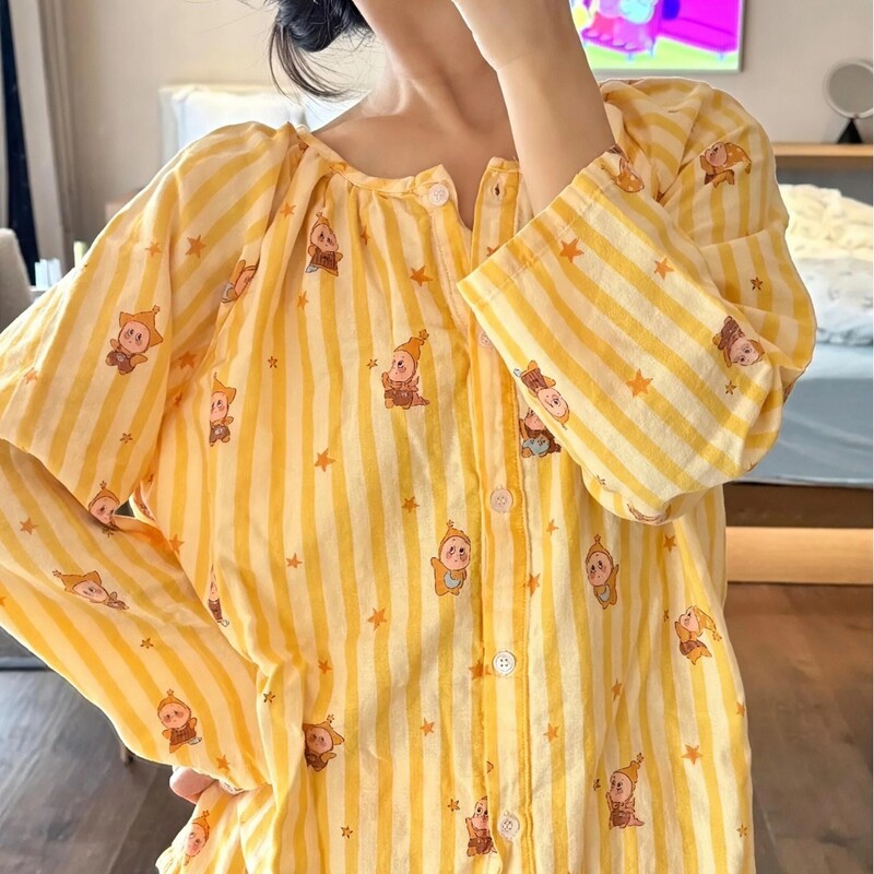 Cartoon Korean New Type a Mother and Baby Cotton Double-Layer Gauze Pajamas Long-Sleeved Pants Loose Suit Home Clothes Wholesale