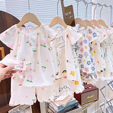 夏日新品儿童飞袖睡衣套装彩虹兔图案桃色公主睡衣-岁女童棉绸