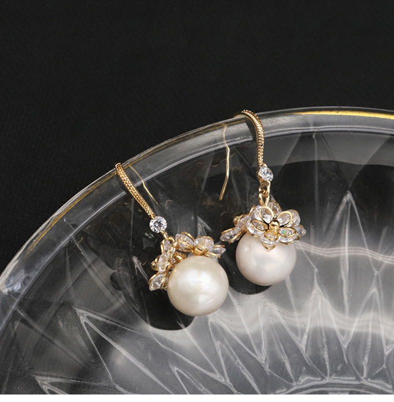 Retro Flower Pearl Sterling Silver Patchwork Drop Earrings 1 Pair display picture 3