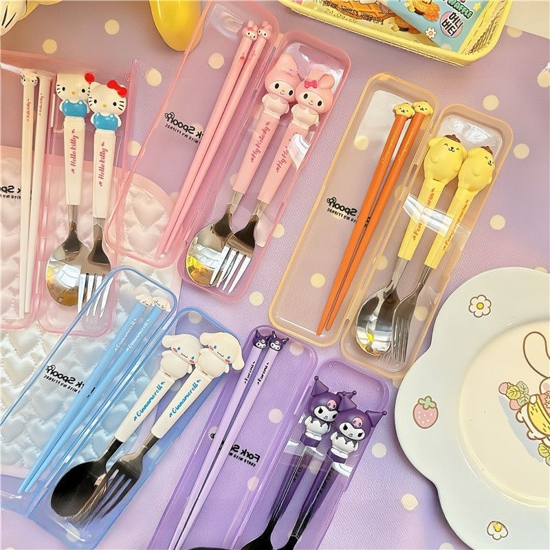 HL-015 Cartoon Sanlio Portable Tableware suit Stainless Steel Spoon Fork Chopsticks Cross-border Hot Sale Non-slip Chopsticks