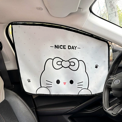 Creative Cartoon Cat Car Side – Car curtains - embedded-bow-cat-curtain-driver-beige