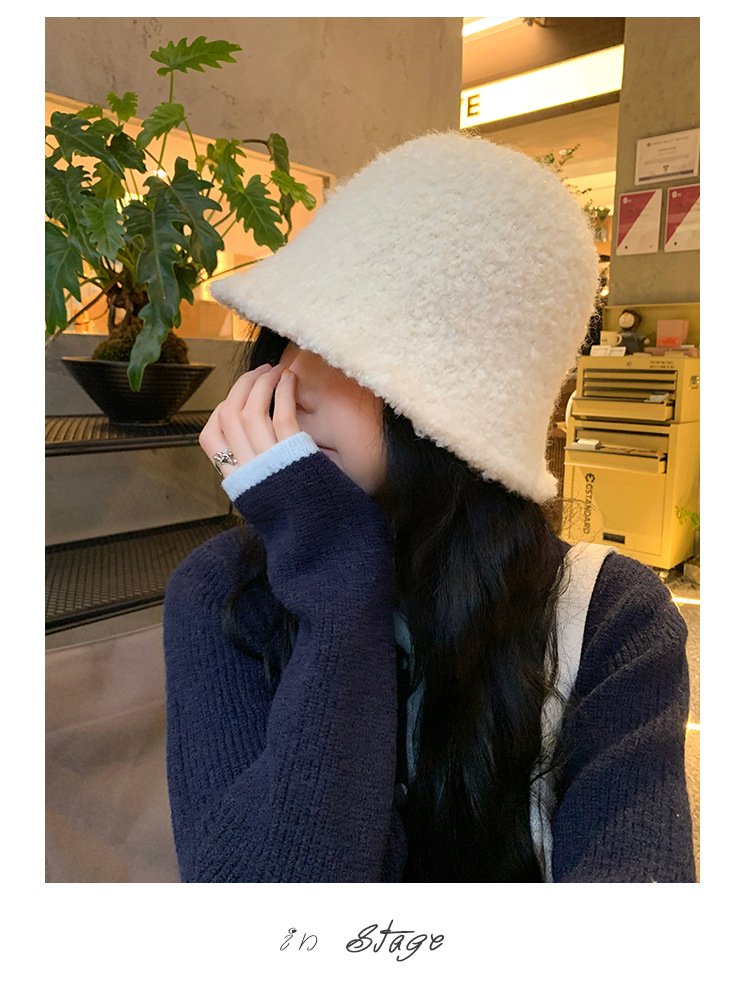 Chapeau seau en peluche pour femmes, couleur unie, Simple, mode coréenne, chaleur extérieure, petit chapeau, nouvelle collection automne et hiver_voghion.com