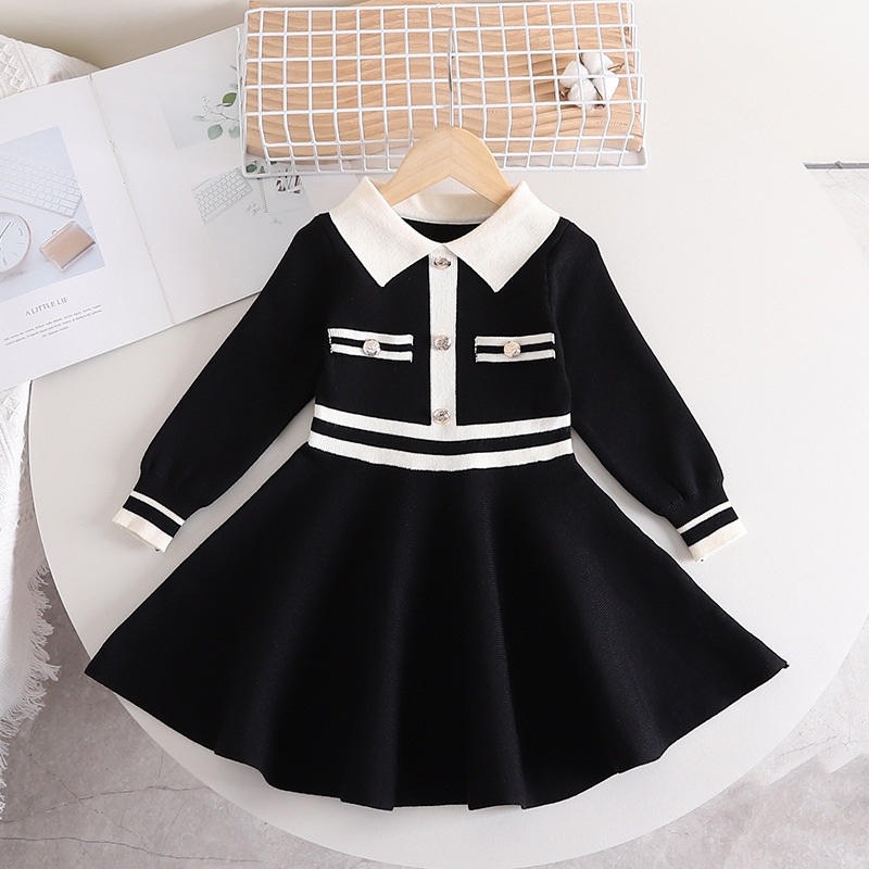 Children's reverse collar sweater fashionable western-style slim fit knitted dress, girl's big_voghion.com
