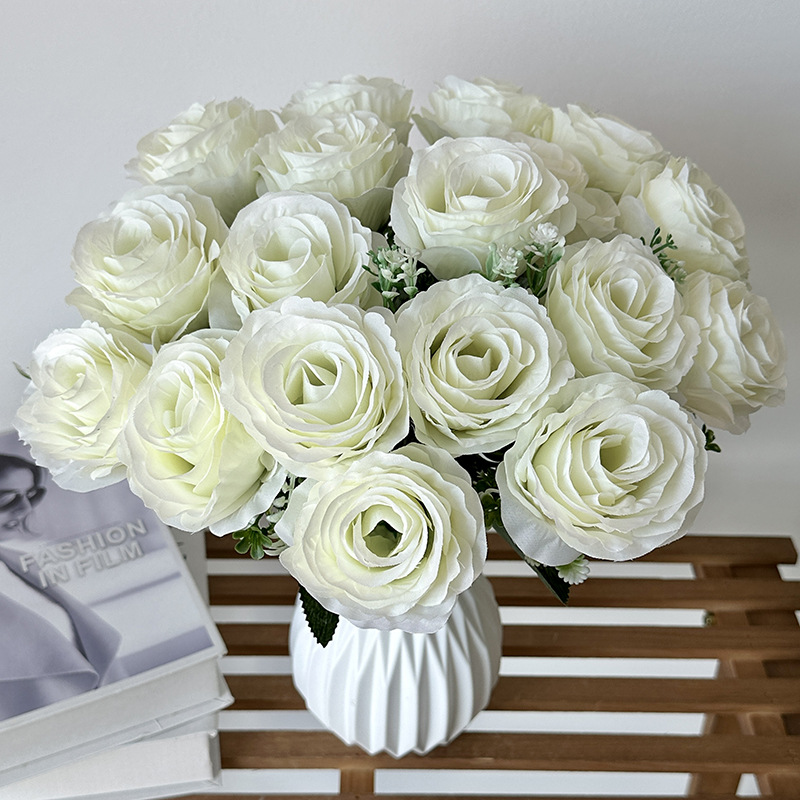 Meilong primavera color 18 rosas flor artificial boda escena fondo flor pared diseño flor fila camino plomo falso ramo de flores