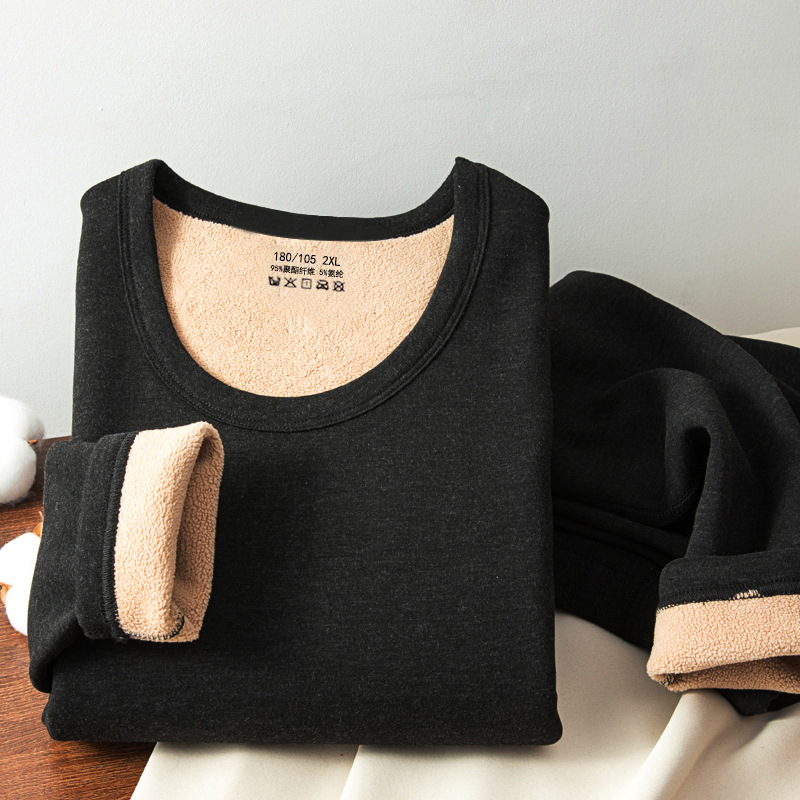 Winter Fleece-Lined Thickened Thermal Underwear Set for Men, Round Neck, Cold-Proof, Double-Sided Fleece, Inner Wear, Thermal Tops and Bottoms