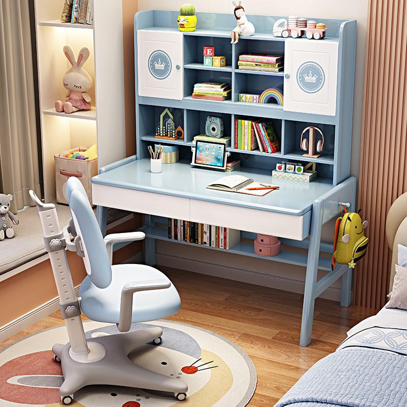 Solid Wood Desk and Bookshelf Combination, Adjustable Height Children's Study Set, Multifunctional Student Writing Table