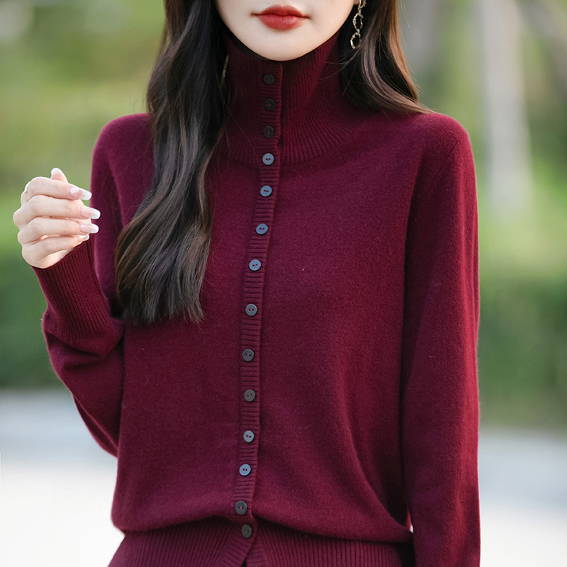 2024冬季 高领厚款立领开衫女 韩版宽松女针织长袖毛衣外套