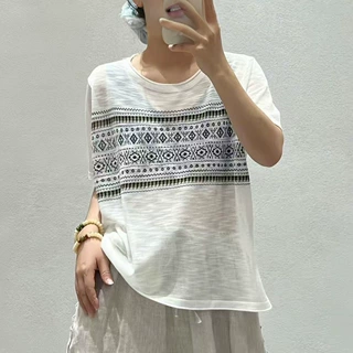夏季新款宽松针织衫短袖T恤女圆领百搭显瘦薄款亚麻上衣3033
