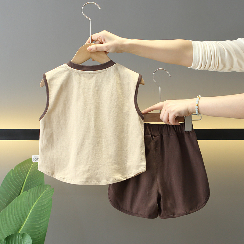 7924 verano nuevo traje de chaleco para hombres y mujeres verano para bebés chaleco de dibujos animados oso traje sin mangas de estilo occidental de dos piezas