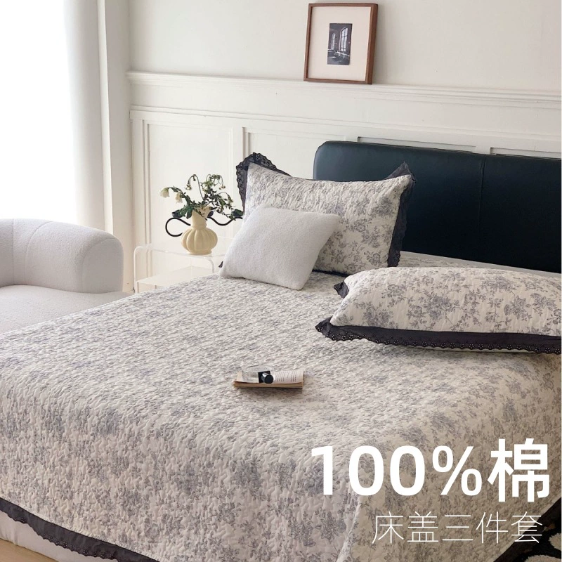 Cotton Quilted Lace Bed Cover Three-piece Set French Lace Floral Cotton Thickened Korean Washable Double Kang Cover