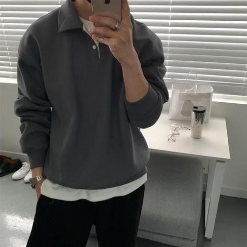 Chic American Retro Style Pure Color Long Sleeve Polo Shirt for Men, Fashionable and Versatile, Loose Half-Button Sweatshirt Trend