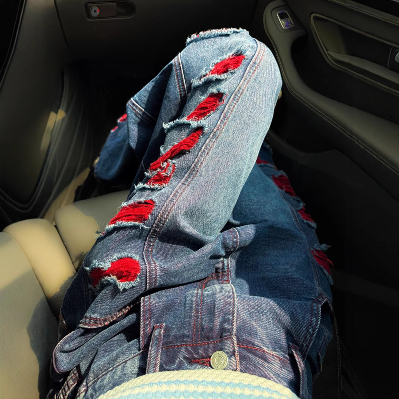 Ripped Jeans Trousers Women's Color Contrast Double-Layer Personality Street Loose Casual Torre Pants Ripped Straight Trendy Pants