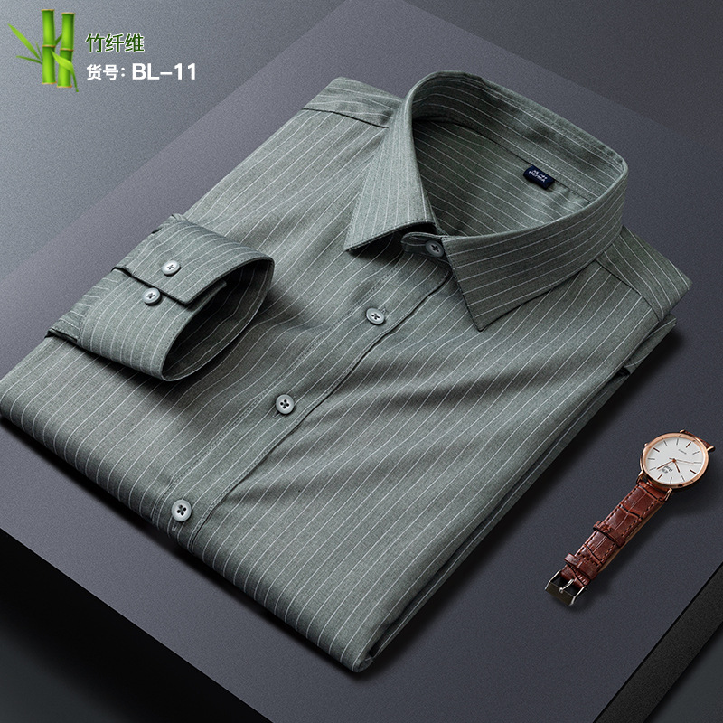 Los hombres de primavera nueva camisa de manga larga de fibra de bambú elástico de seda de hielo camisa a rayas delgada slim fit hombres de negocios ropa