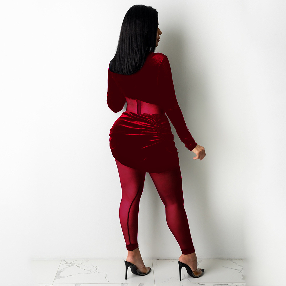 Women's fashion sexy mesh velvet splicing solid color jumpsuit_voghion.com