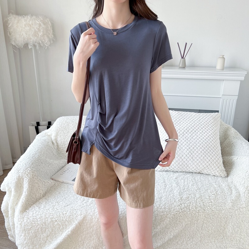 Summer Cotton Pleated Short-Sleeve New Round-Neck Solid Color Loose Plus-Size Casual Top Korean Style Women's T-Shirt Summer Cotton Pleated Short-Sleeve New Round-Neck Solid Color Loose Plus-Size Casual Top Korean Style Women's T-Shirt