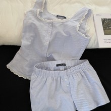 睡衣女夏季韩版简约条纹ins花边拼接背带短裤休闲短款家居服套装