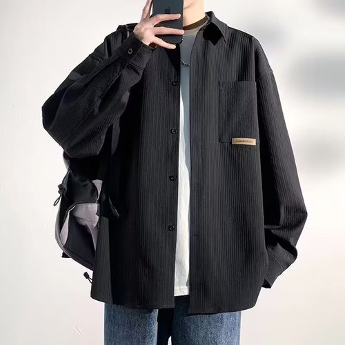 Letter Long-Sleeve Shirt Japanese Hong Kong Style Ins Loose Shirt for Men Summer Trendy Versatile Casual Outerwear