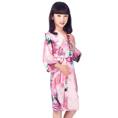 Cross-border girl floral peacock and peony long sleepwear bathrobe summer thin imitation silk children home open sweater robe