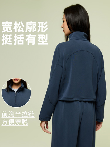 Short windproof turtleneck sports hoodie women drawstring hem half open collar loose casual long sleeve top D25136