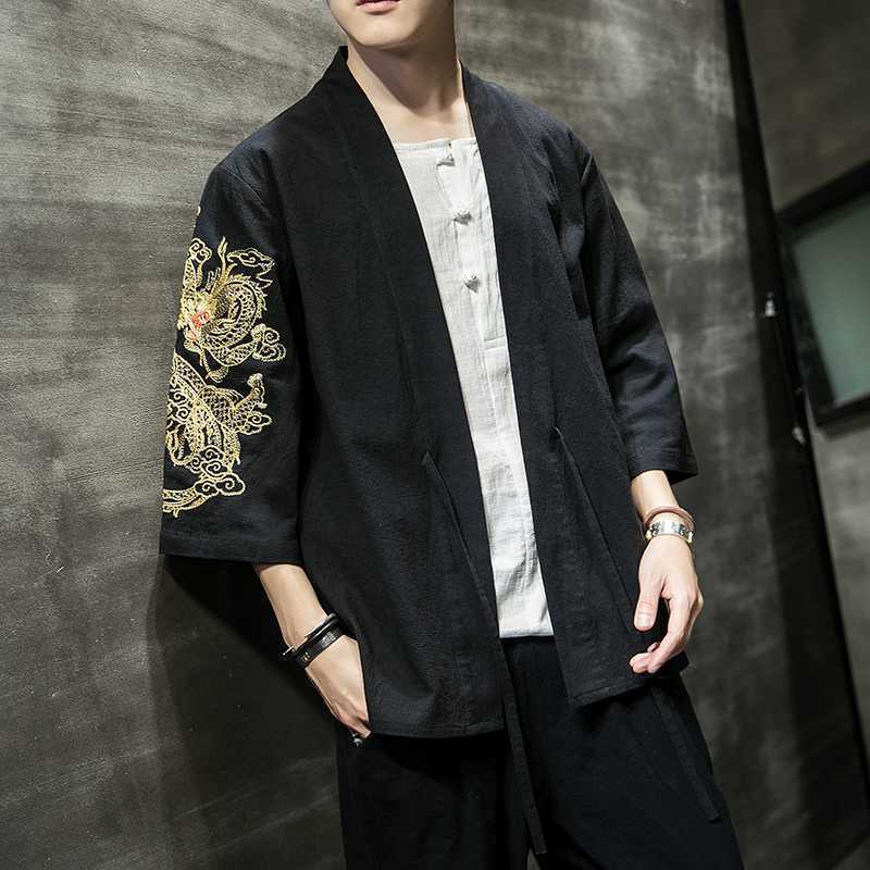 Linen Shirt Men's Summer Chinese Style Men's Dragon Embroidered Cardigan Robe Loose Cotton and Linen Seven-point Sleeve Antique Hanfu