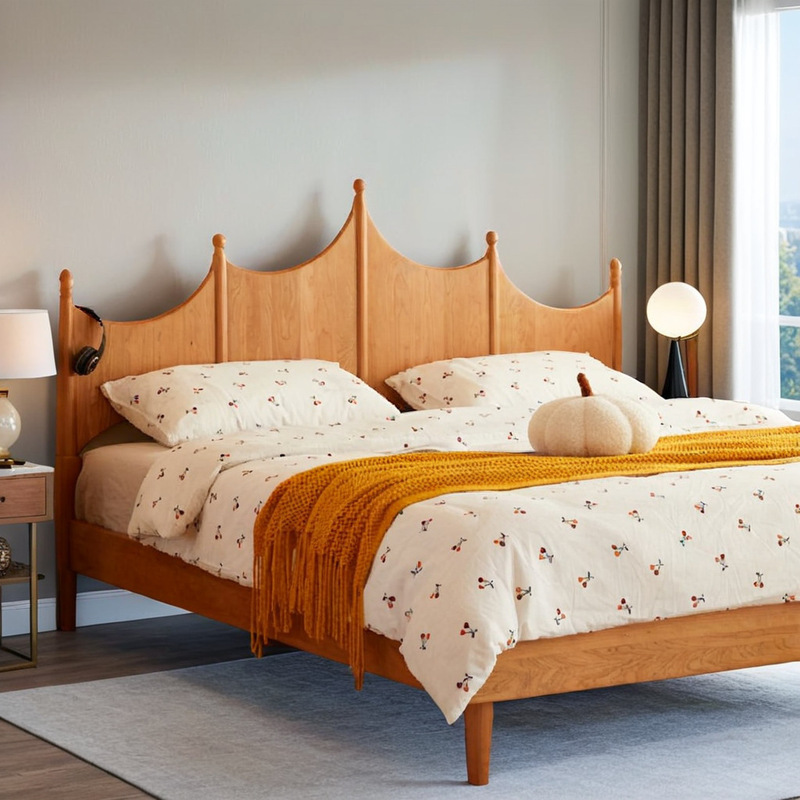 Solid Wood Double Bed Cherry Wood Nordic Children's Bed Crown Bed Japanese Retro Natural Wood Bedroom 1.68m Large Bed Solid Wood Double Bed Cherry Wood Nordic Children's Bed Crown Bed Japanese Retro Natural Wood Bedroom 1.68m Large Bed