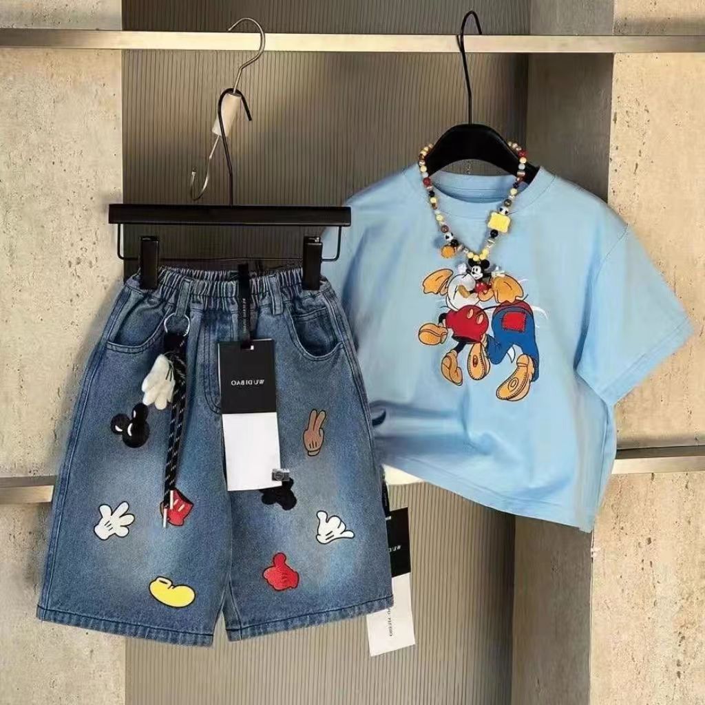 Summer children's short-sleeve shorts set, pure cotton T-shirt with cartoon print, short-sleeve denim mid-length pants two-piece set, lightweight