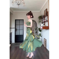 人魚姫グリーンドレス森系超仙成人礼軽豪華小衆誕生日宴会ストラップワンピース高級感