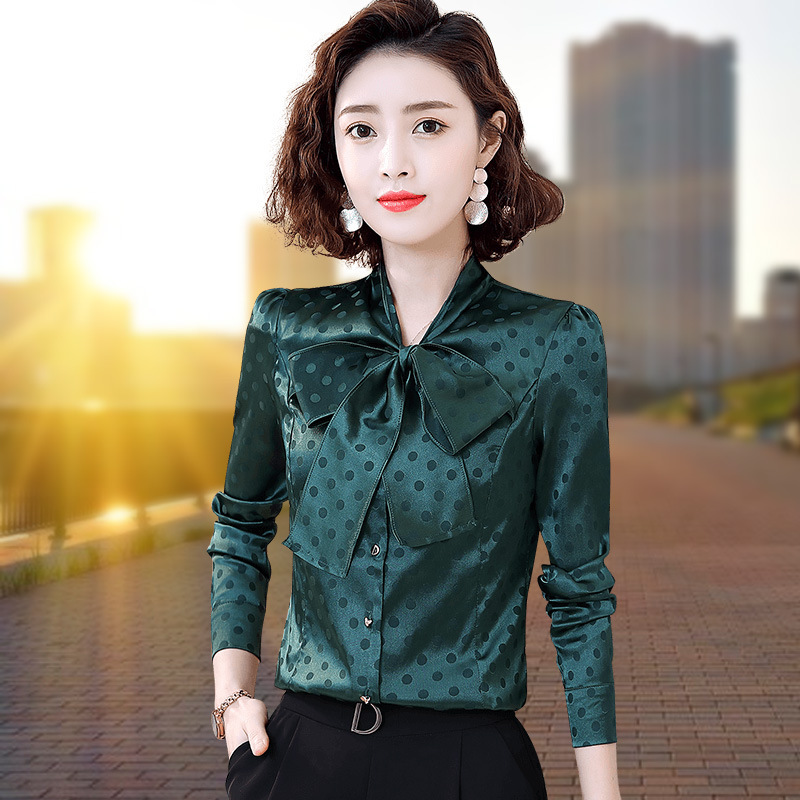 Polka Dot Shirt Women's Long-sleeved Spring and Autumn New Arrival Streaming Shirt Stylized Age-reducing Slimming Lace-up Base Top