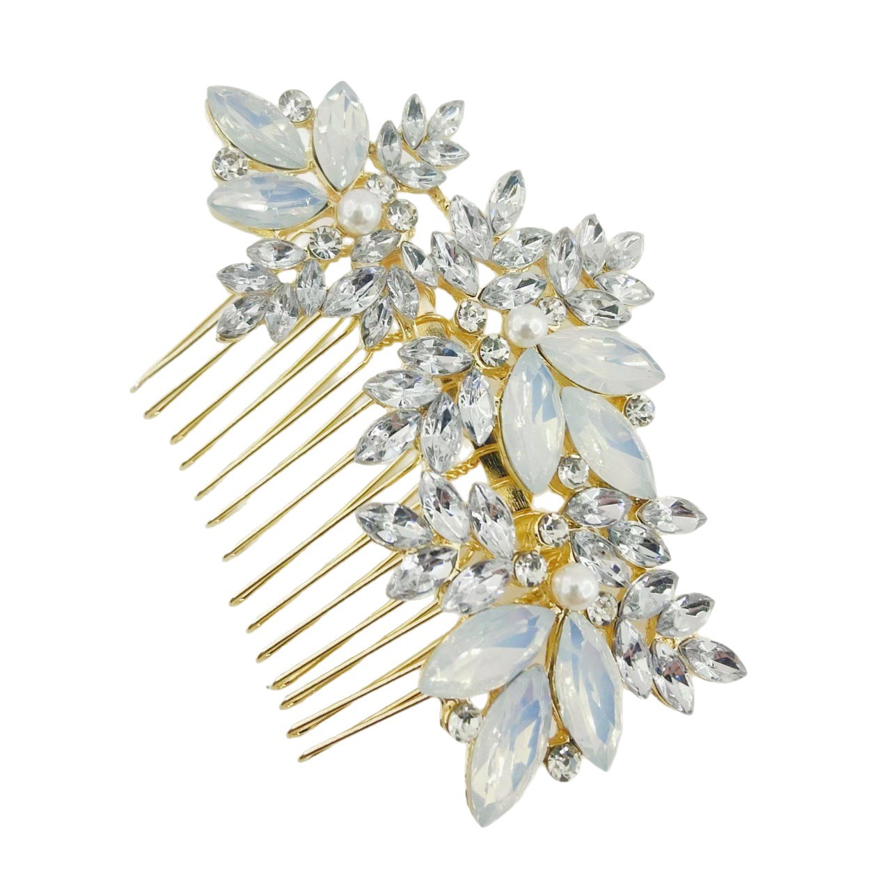 Peigne orné de cristaux, perles dorées et strass, bijou de coiffure de mariée, style transfrontalier européen et américain. Ornement en cristal, perle dorée, peigne à strass. Cheveux de mariée_voghion.com