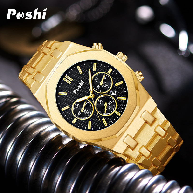 POSHI reloj transfronterizo popular multifunción reloj deportivo reloj de los hombres al por mayor correa de acero impermeable reloj de cuarzo