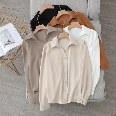 春裝新款V領白襯衫女長袖複古金屬扣設計感襯衣 雪紡垂感外穿上衣