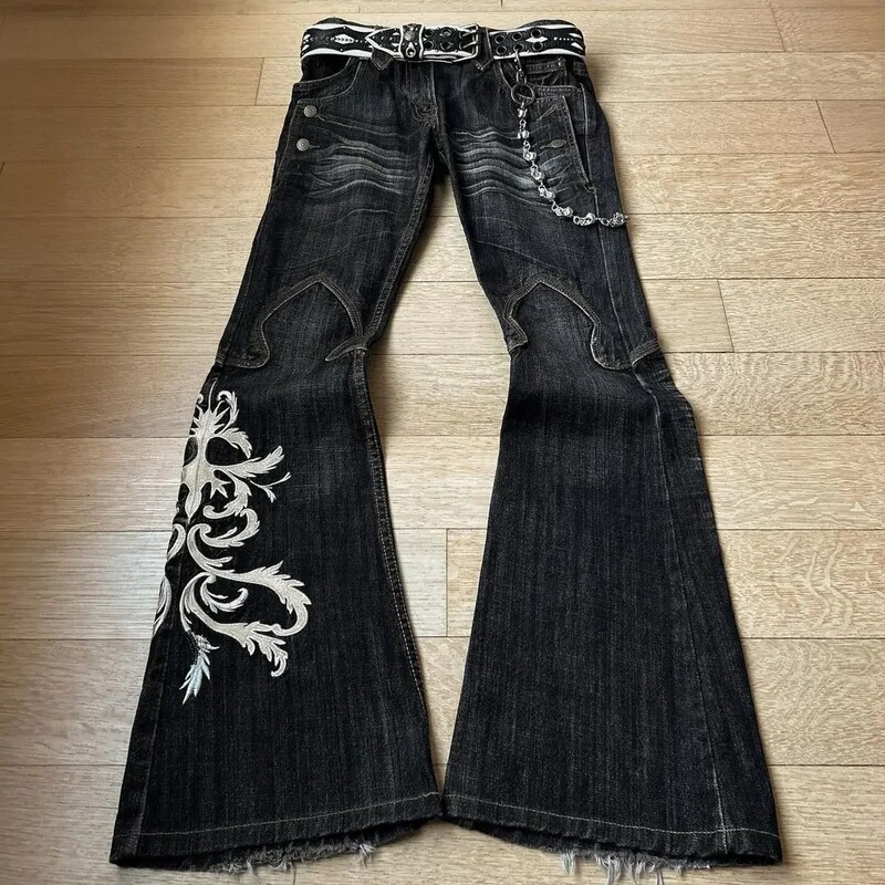 European and American Cross-Border New Heavy Embroidery Jeans for Men and Women, Punk Flared Pants, Y2K Washed Long Pants, Foreign Trade Dropshipping