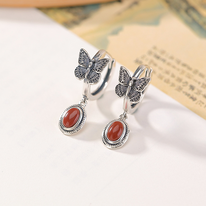 Bông tai bạc S925 mặt đá mắt mèo đỏ Nam, ngọc lam, kiểu retro cổ điển, mặt trứng bướm — Ngọc lam