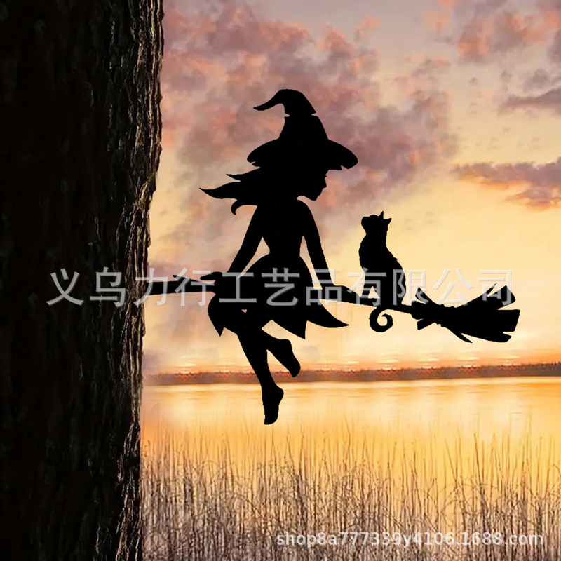 Cross-border Amazon New Halloween Witch Wrought Iron Tree Insert Metal Statue Silhouette Outdoor Garden Decorative Courtyard