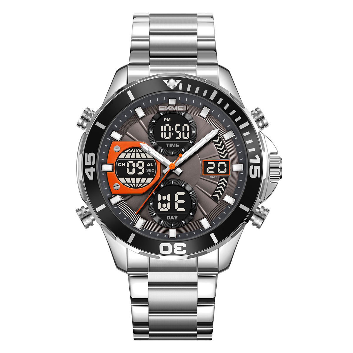 Momento de belleza para hombres doble reloj 30 metros de acero impermeable reloj de pulsera de negocios reloj deportivo de luz nocturna multifuncional al por mayor