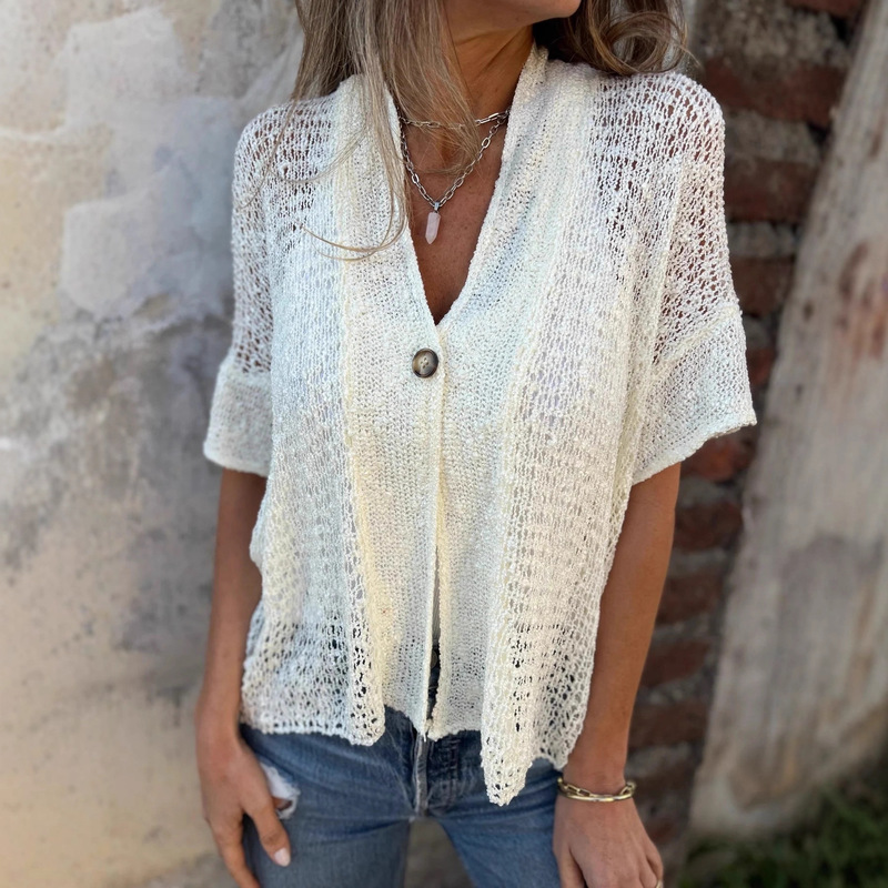 Foreign Trade Independent Station 2025 New European and American Women's Clothing Spring and Autumn Women's One-Button Mid-Sleeve Cut Out Knitted Cardigan Top Foreign Trade Independent Station 2025 New European and American Women's Clothing Spring and Autumn Women's One-Button Mid-Sleeve Cut Out Knitted Cardigan Top