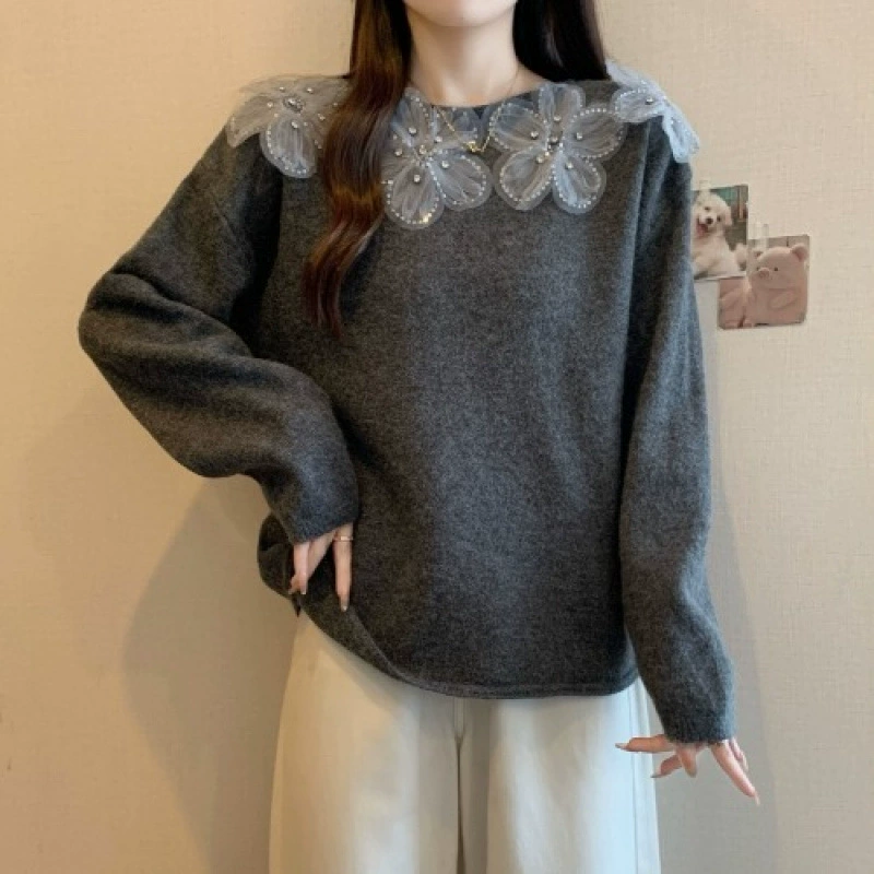 Fuchsia three dimensional beading needle, autumn sweater, flowered, plus size, loose fit