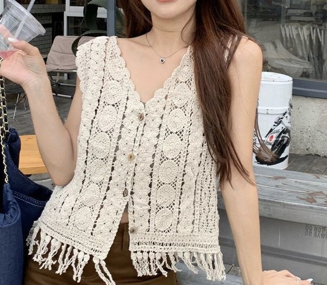Diseño de nicho francés hueco gancho chaleco de punto chaleco de vestir suelto con bordas sin mangas chaqueta